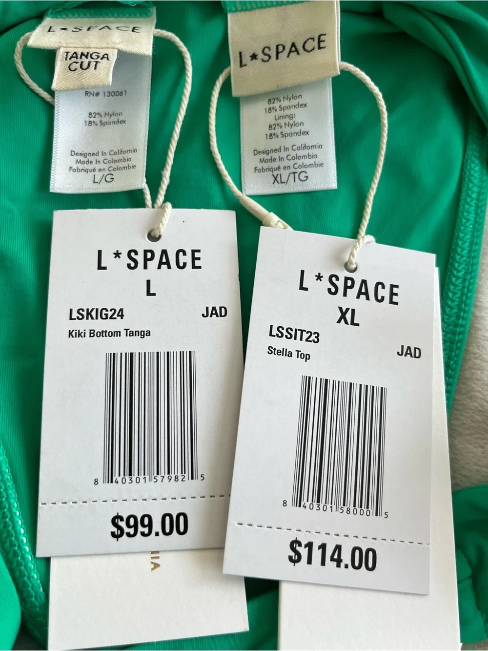 L*Space Bikini Set Stella Top & Kiki Tanga Bikini Bottom Large/XL Jade Green